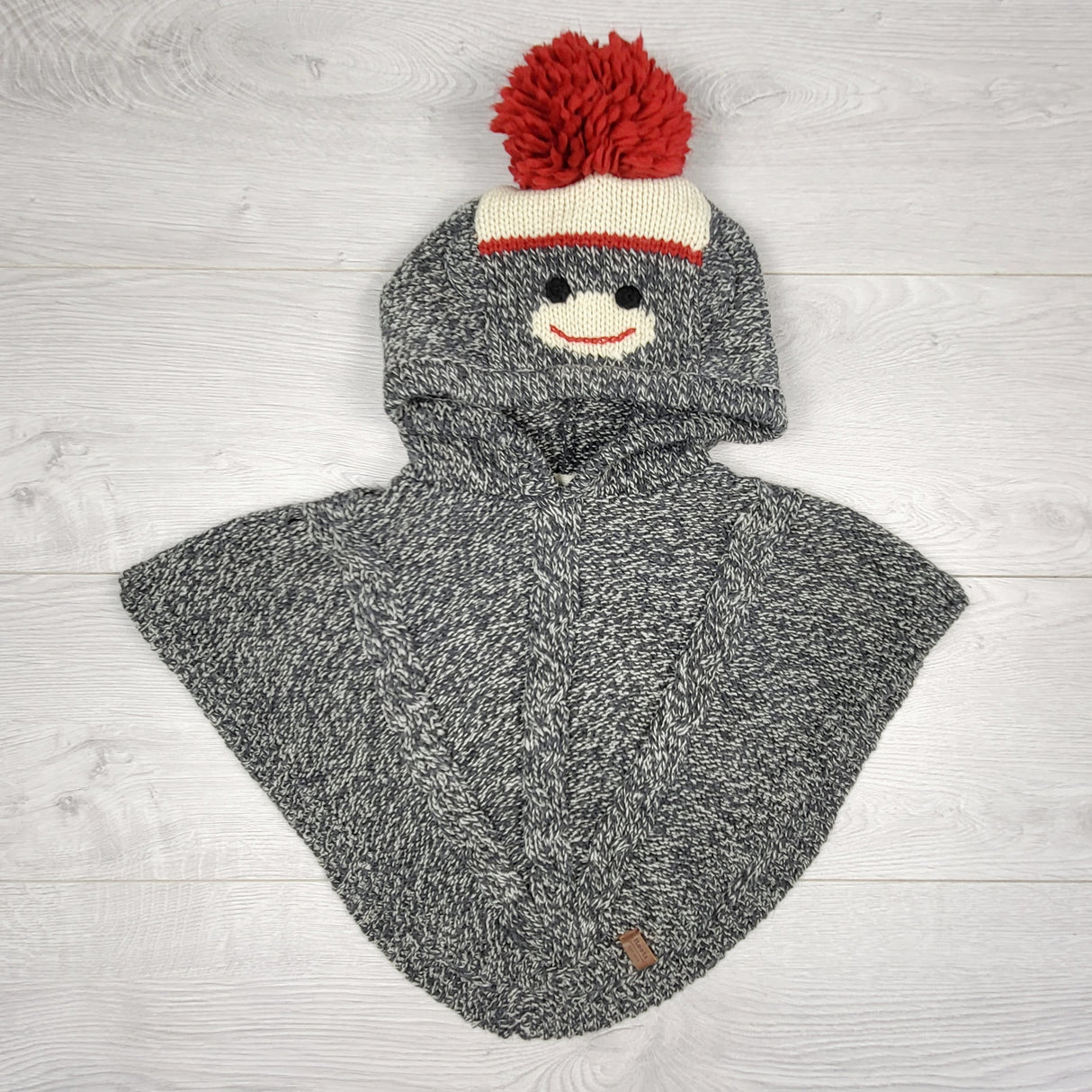 DMKY2 - Roots grey sock monkey poncho. Size 12-24 months