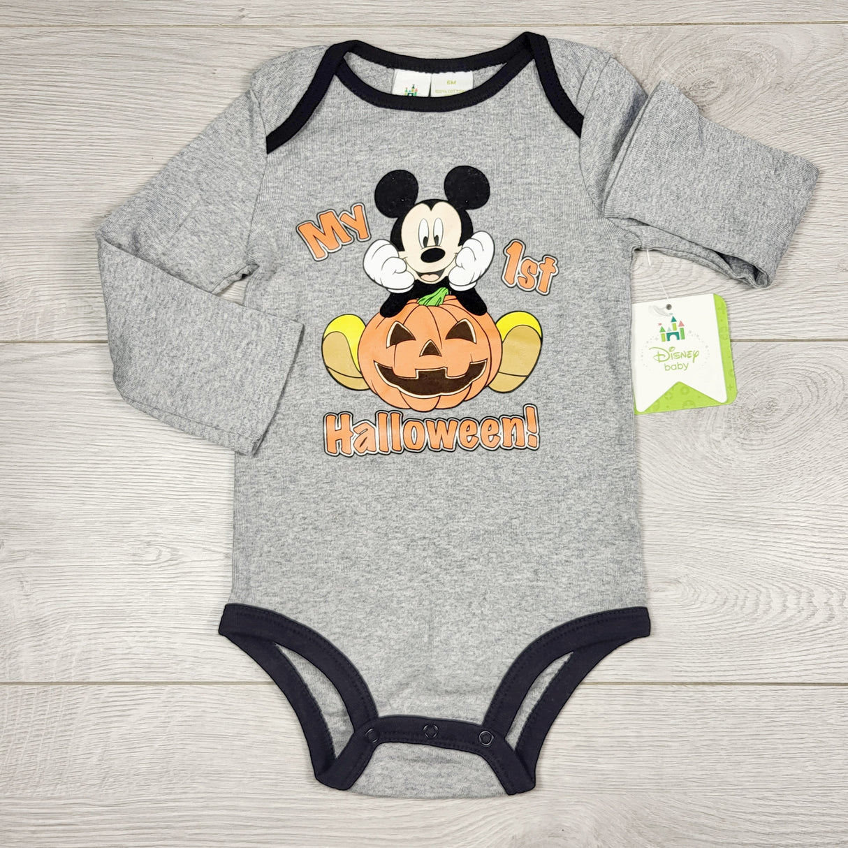 DMKY2 - NEW - Disney grey Halloween Mickey Mouse bodysuit. Size 6 months