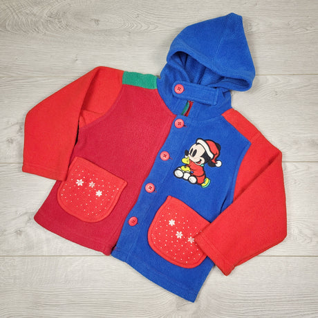 DMKY2 - Vintage colour block fleece Mickey Mouse hooded coat. Sizes like a 2/3T