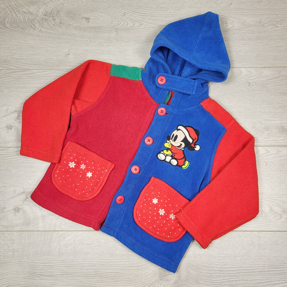 DMKY2 - Vintage colour block fleece Mickey Mouse hooded coat. Sizes like a 2/3T