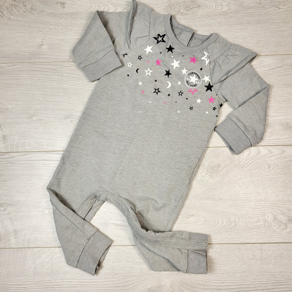 DMKY2 - Converse grey romper with stars. Size 12 months