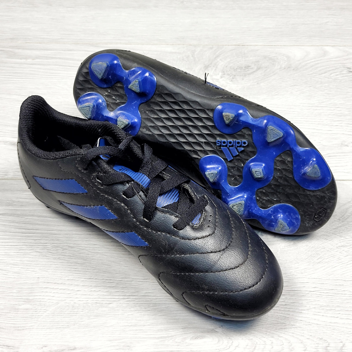MBW2 - Adidas black and blue Goletto VII Firm Ground soccer cleats. Youth size 1