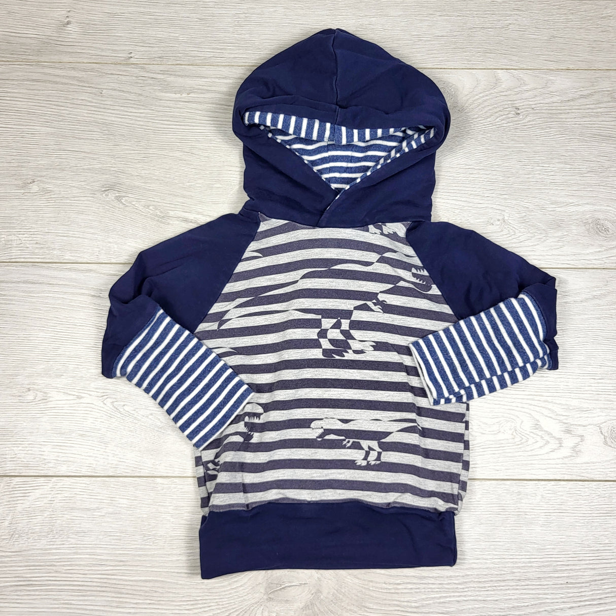 DMKY3 - Handmade striped grow with me hoodie with dinosaurs. Approx 3-12 months