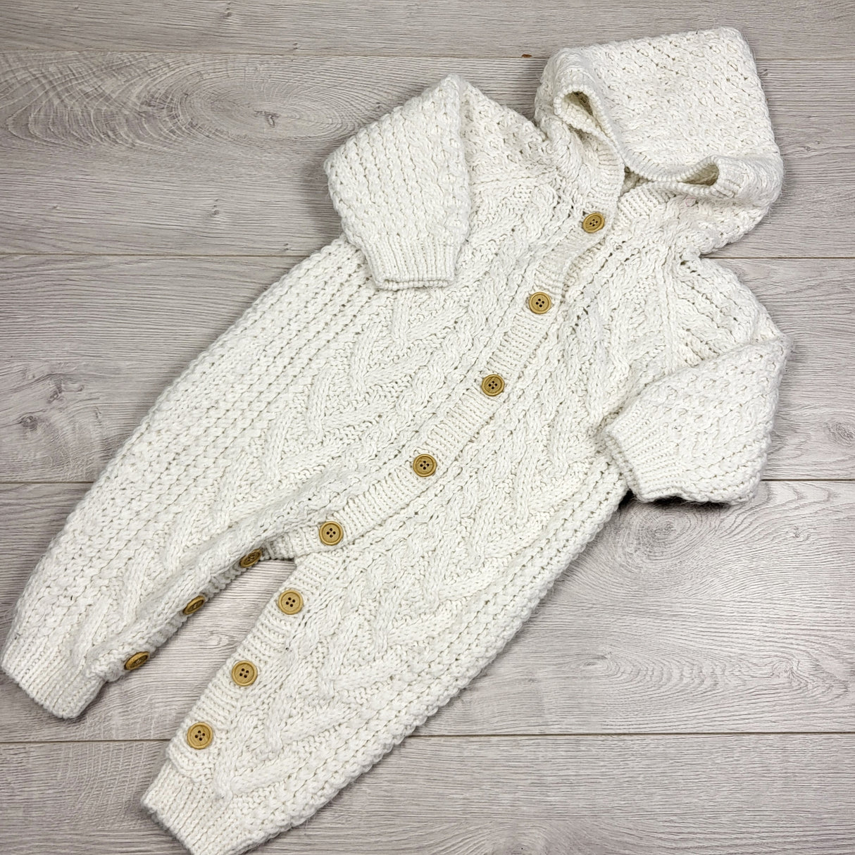 KAMG2 - First Impressions white cable knit hooded sweater romper. Size 6-12 months