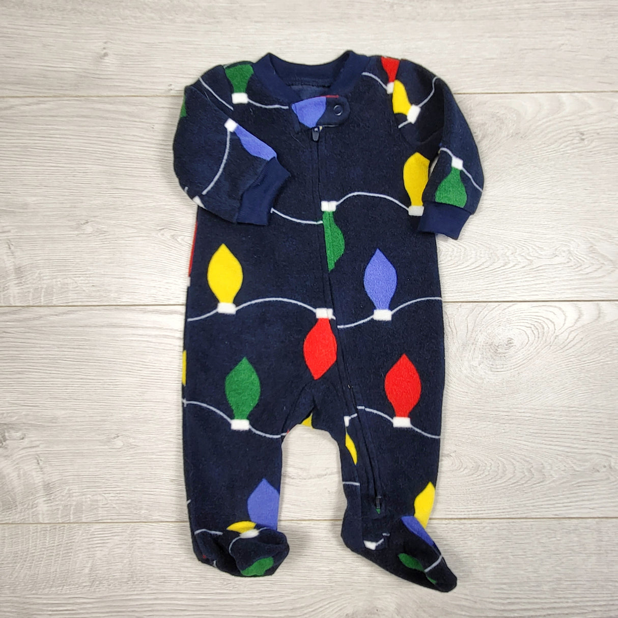 KAMG2 - Carters navy zippered fleece sleeper with Christmas lights. Newborn size