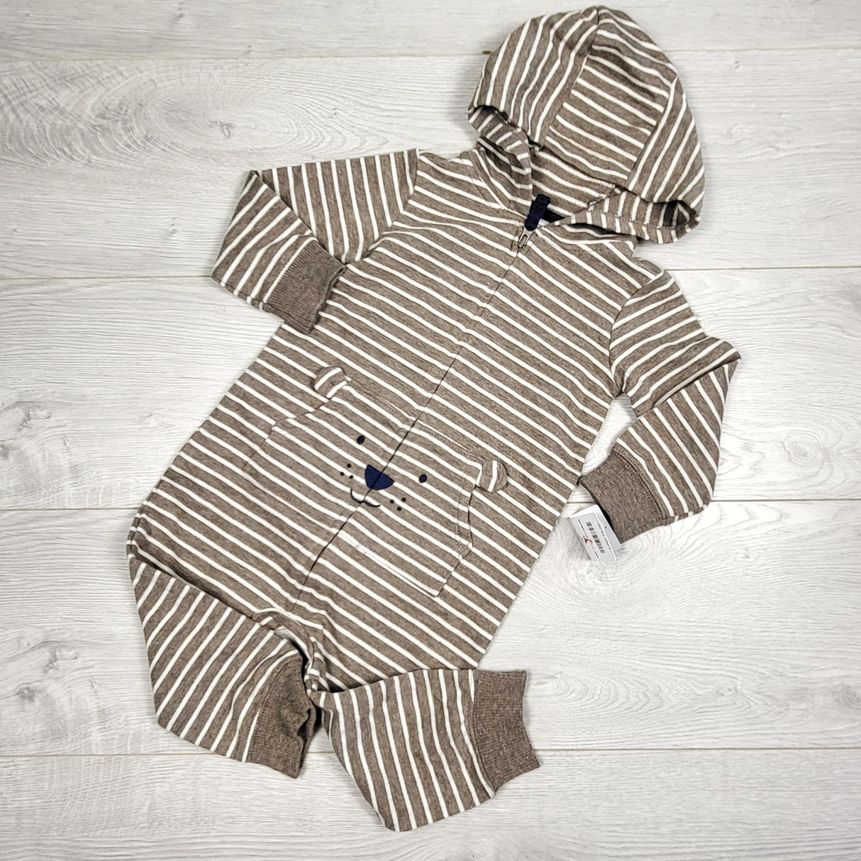 KAMG2 - NEW - Carters brown striped hooded romper with bear. Size 12 months