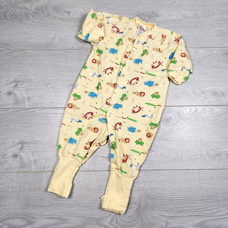 KAMG2 - Snugabye yellow Convert-A-Foot sleeper with safari animals. Size 3 months