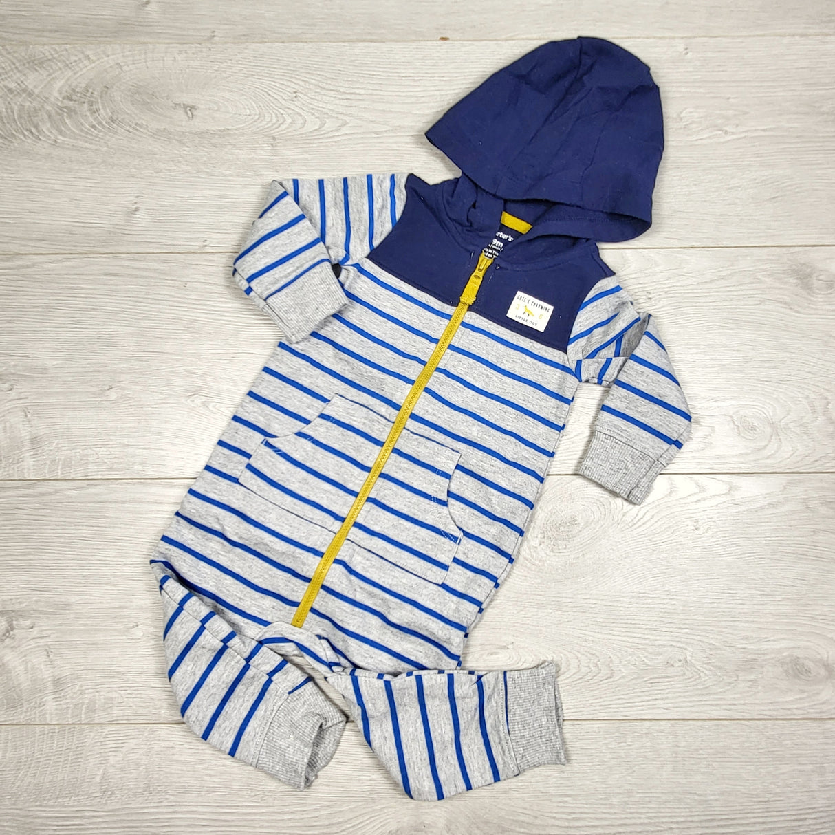 KAMG2 - Carters blue and grey striped hooded romper. Size 9 months