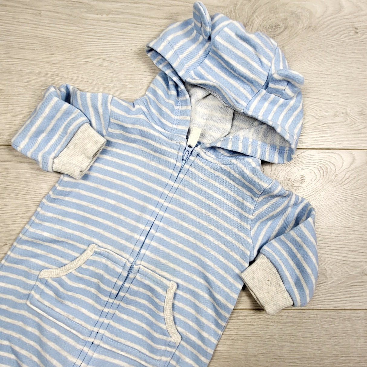 KAMG2 - Carters blue striped hooded romper. Size 6 months