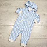 KAMG2 - Carters blue striped hooded romper. Size 6 months