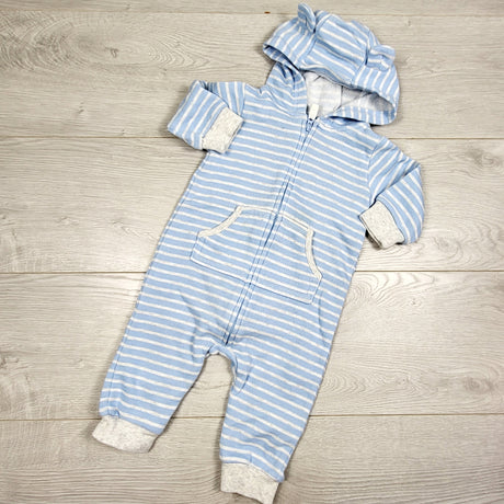 KAMG2 - Carters blue striped hooded romper. Size 6 months