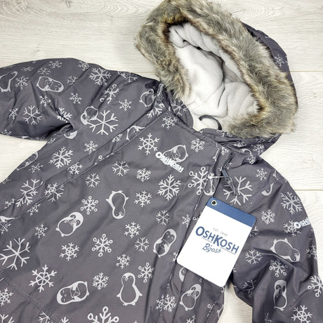 KAMG3 - NEW - Oshkosh grey fleece lined snow suit. Size 6-9 months