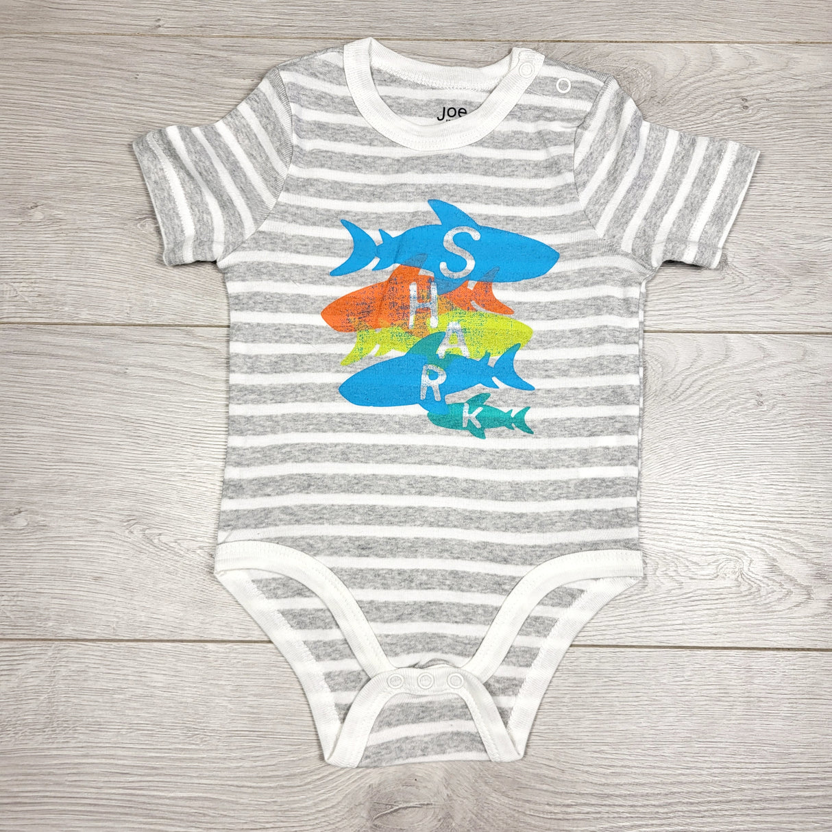 KAMG3 - Joe grey striped bodysuit with sharks. Size 12-18 months 🍁
