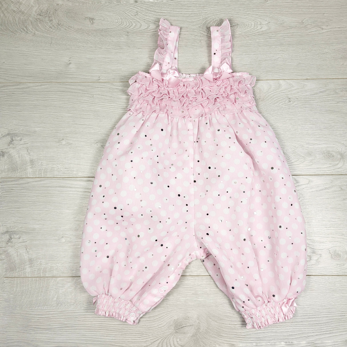 KAMG3 - Bonnie pink polka dot smocked ruffle romper with sequins. Size 18 months