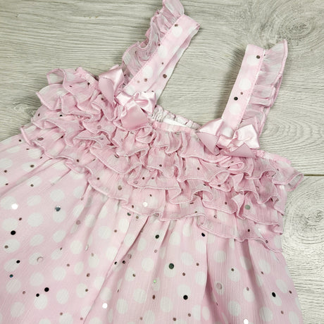 KAMG3 - Bonnie pink polka dot smocked ruffle romper with sequins. Size 18 months