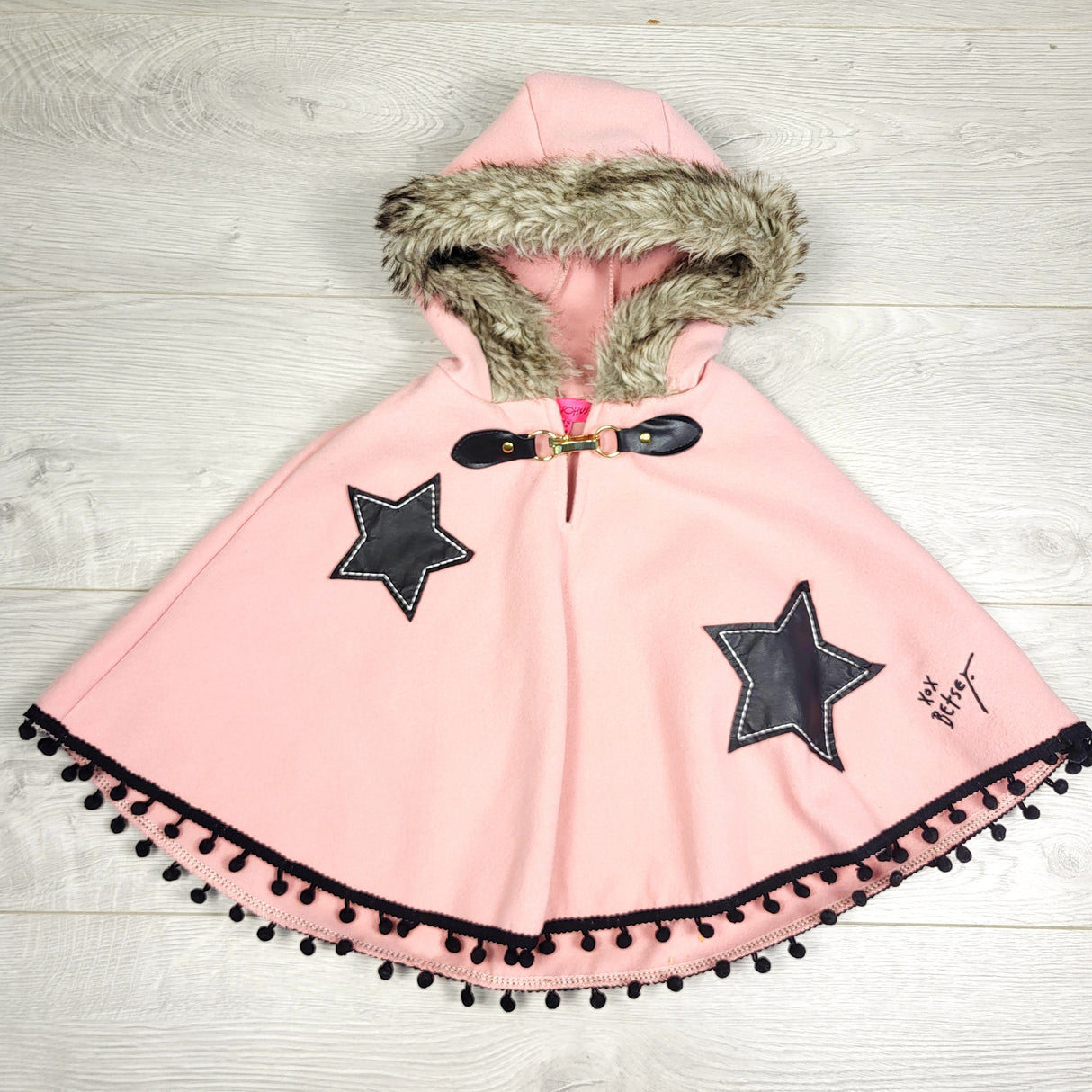 KAMG3 - Betsey Johnson pink hooded fleece poncho with stars. Size 24 months