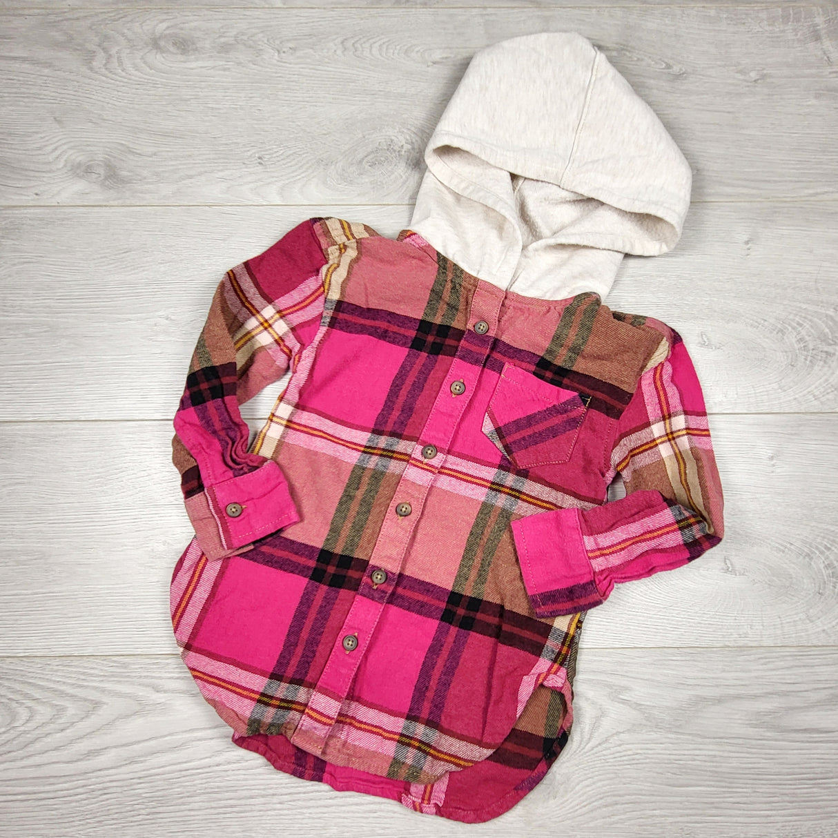 KIJA4 - Old Navy hooded plaid button down top. Size 5T