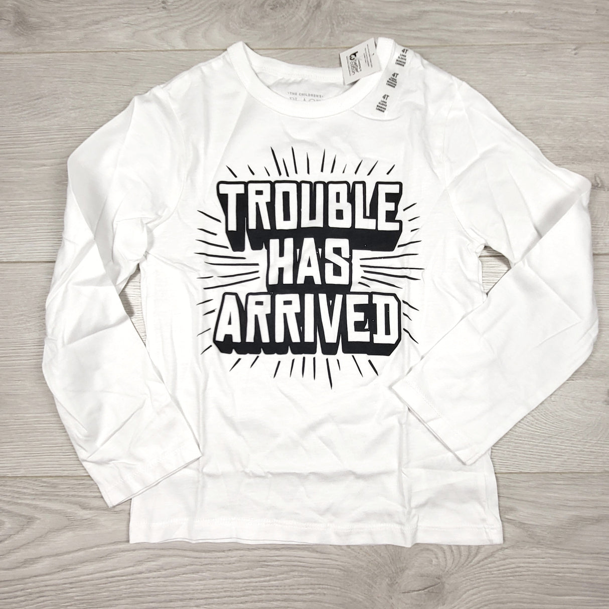 TCWD1 - NEW - Children's Place white "Trouble Has Arrived" shirt. Size 4T