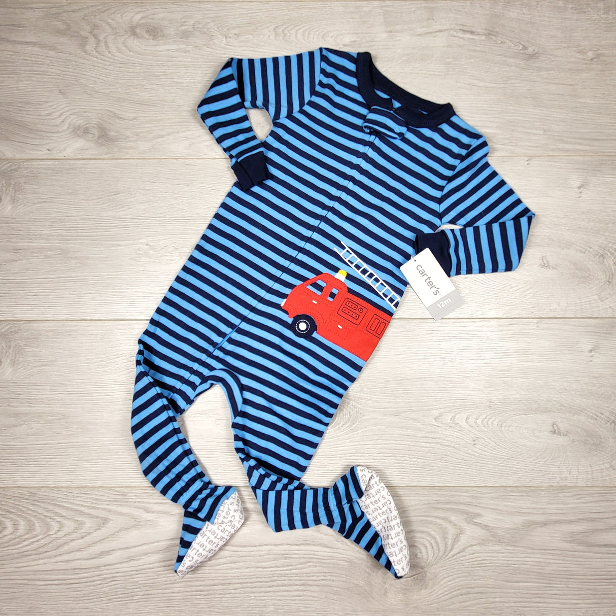 KAMG4 - NEW - Carters blue striped zippered cotton sleeper with fire truck. Size 12 months