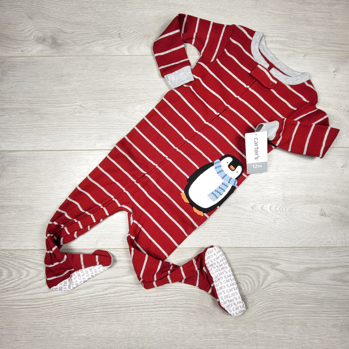KAMG4 - NEW - Carters red striped zippered cotton sleeper with penguin. Size 12 months