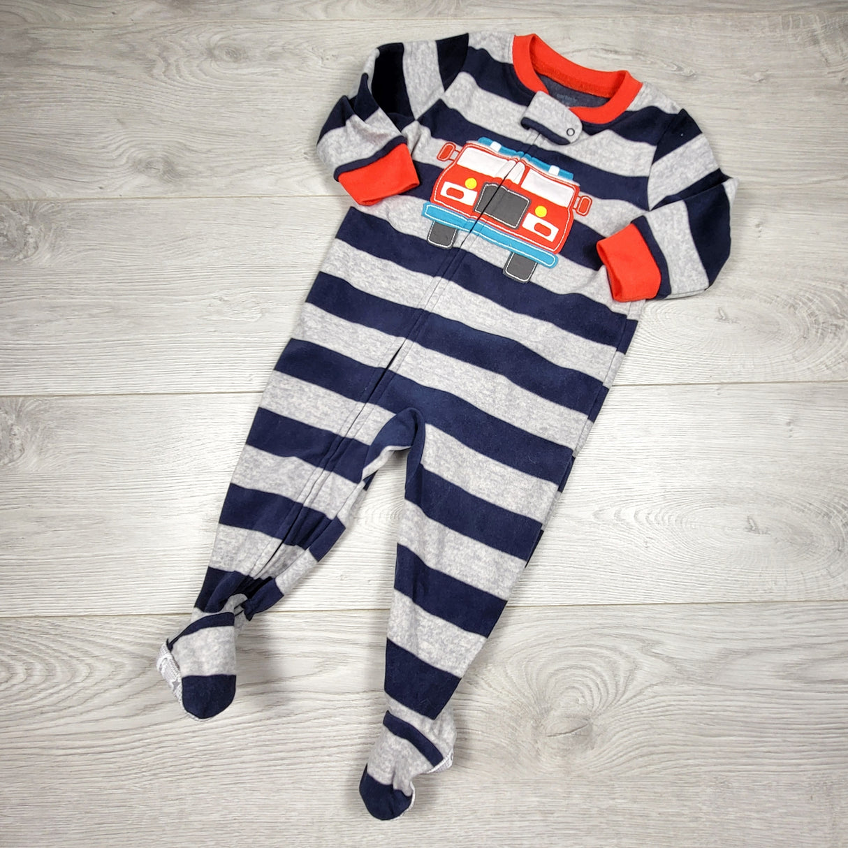 KAMG4 - Carters navy and grey striped zippered fleece sleeper with fire truck. Size 12 months