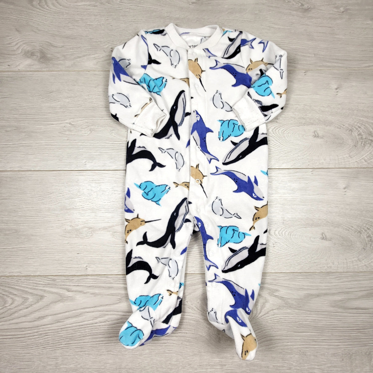 KAMG4 - Carters white fleece sleeper with sea animals. Size 6 months