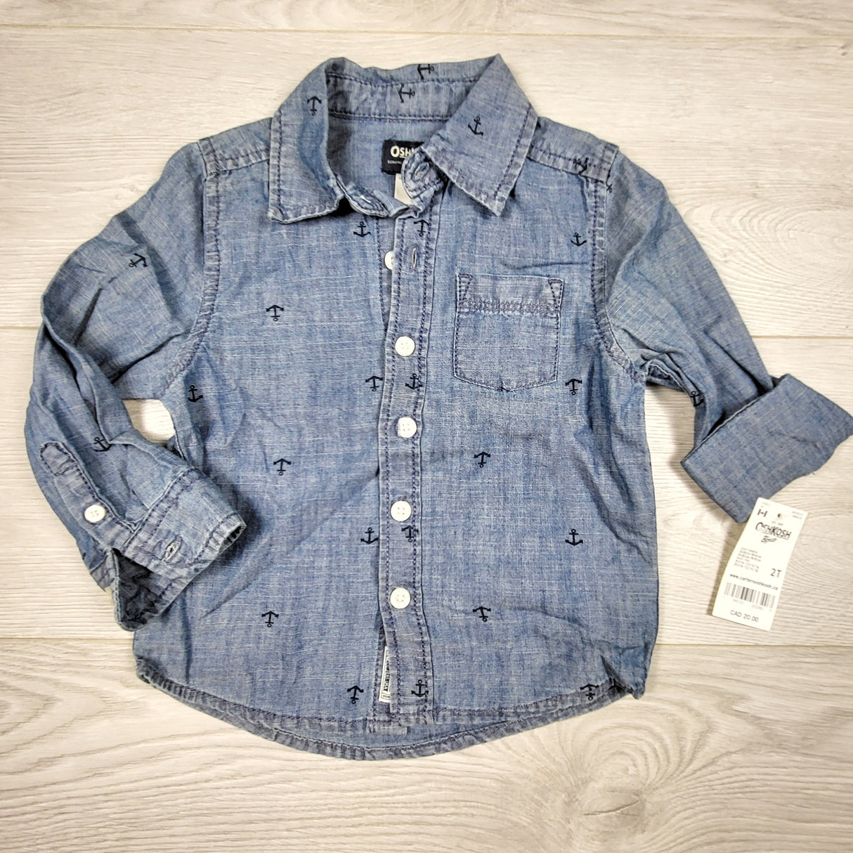 KAMG4 - NEW - Oshkosh chambray button down shirt with anchors. Size 2T