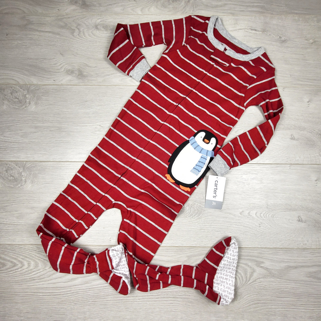 KAMG4 - NEW - Carters red striped zippered cotton penguin sleeper. Size 3T