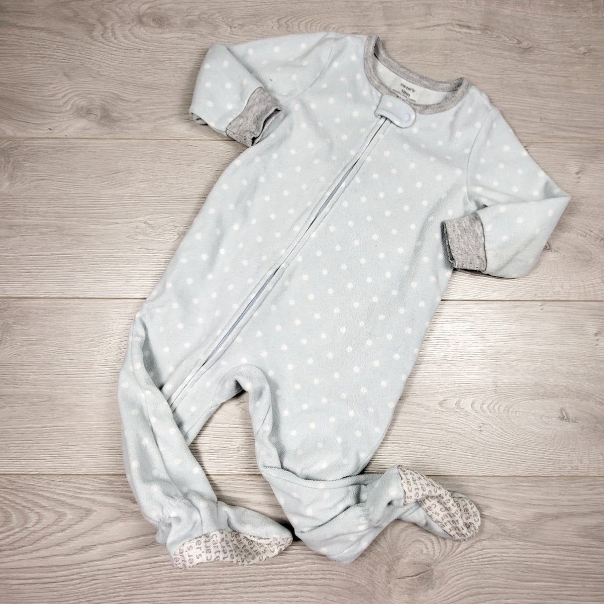 KAMG4 - Carters blue polka dot zippered fleece sleeper. Size 18 months