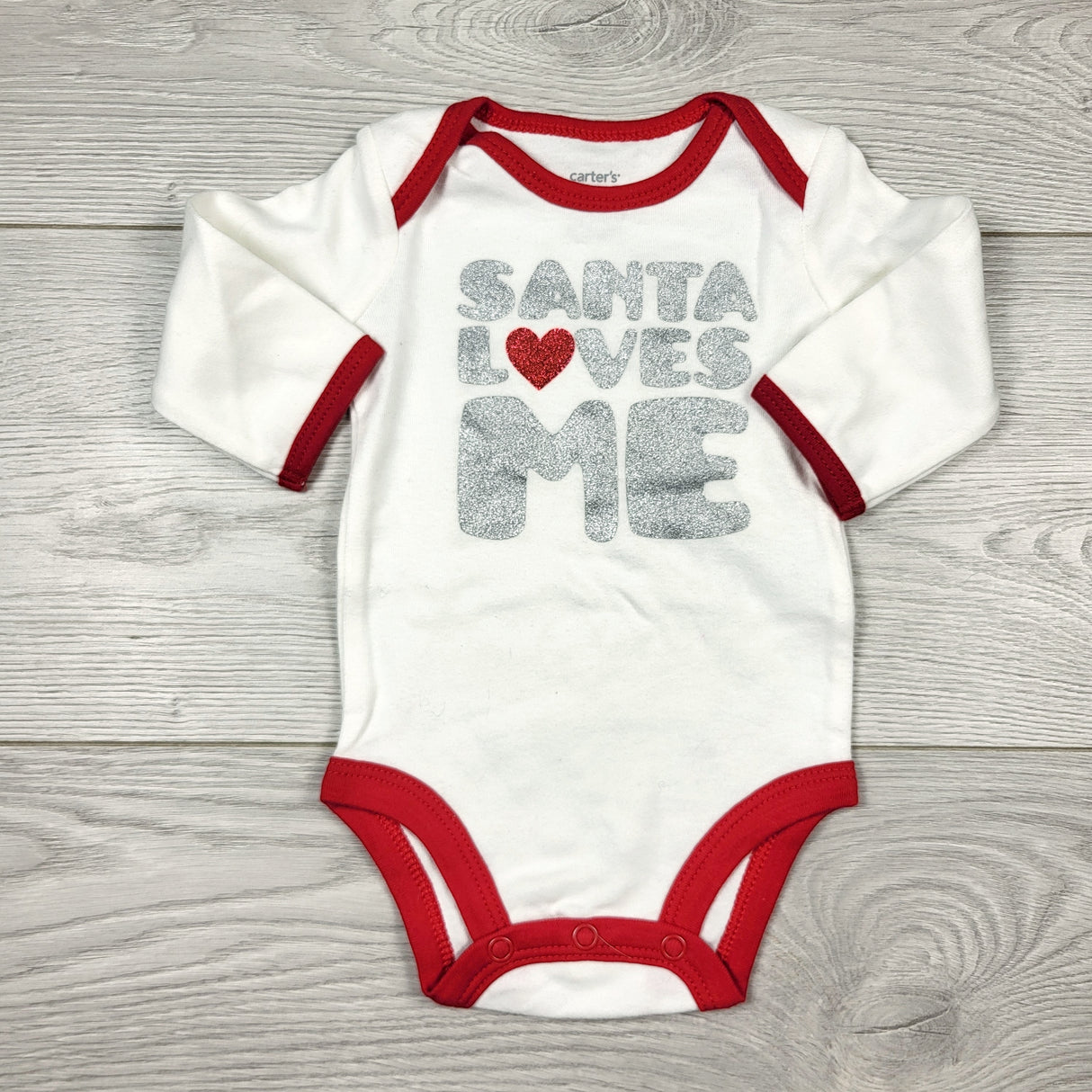 KAMG4 - Carters white "Santa Loves Me" bodysuit. Newborn size