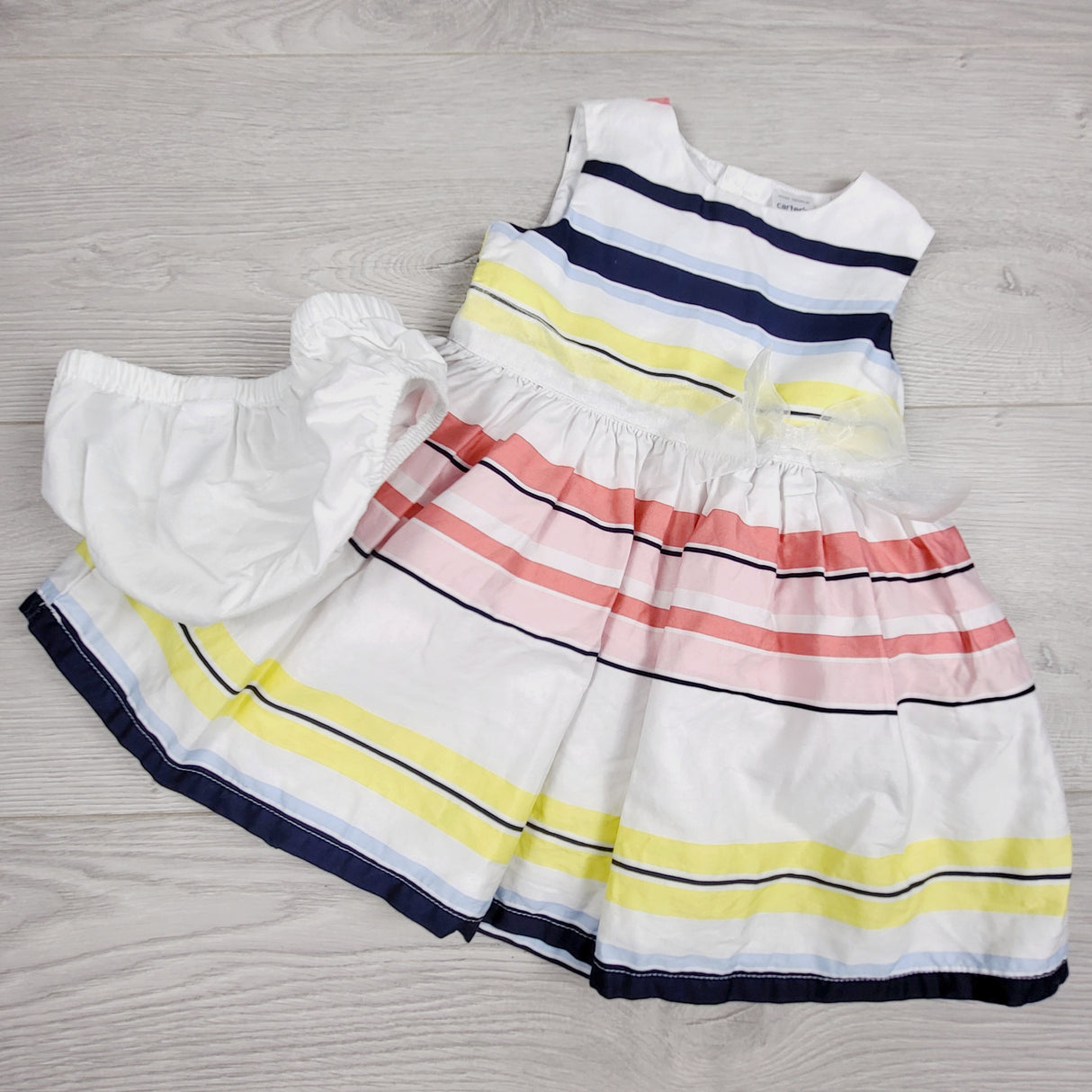 KAMG5 - Carters white striped special occasion dress with diaper cover. Size 6 months