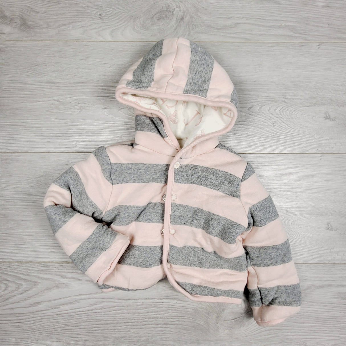 KAMG55 - Burt's Bees grey and pink striped hooded double knit hoodie. Size 3-6 months