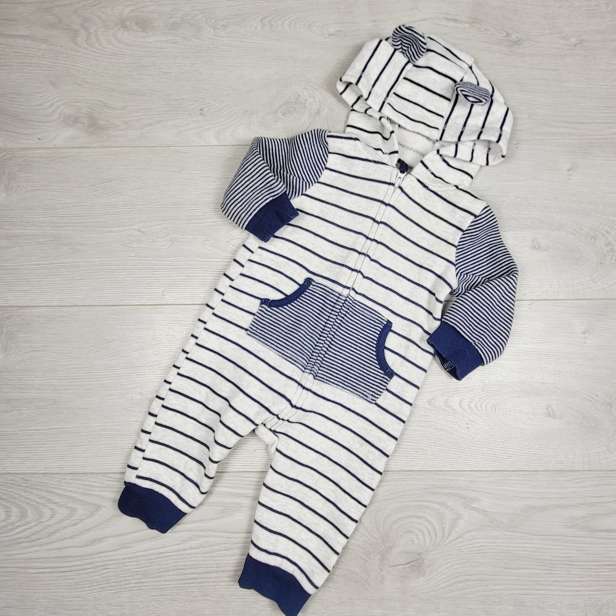 KAMG55 - Carters grey and navy striped hooded sweatshirt romper. Size 6 months