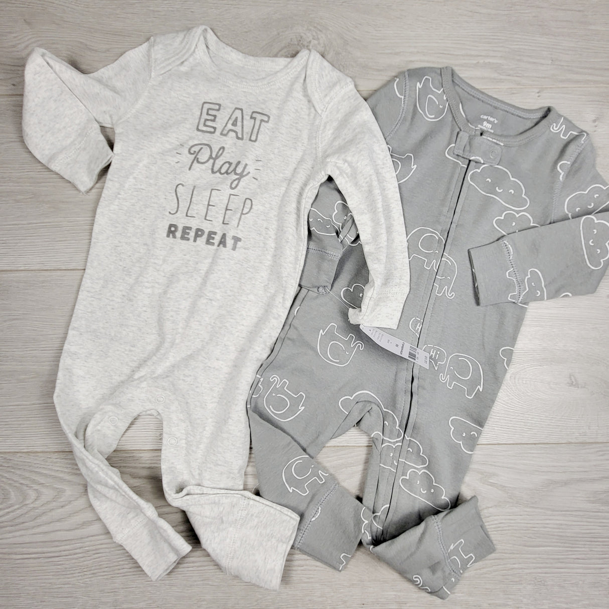 KAMG55 - NEW - Carters grey 2pc gender neutral cotton rompers. Size 9 months