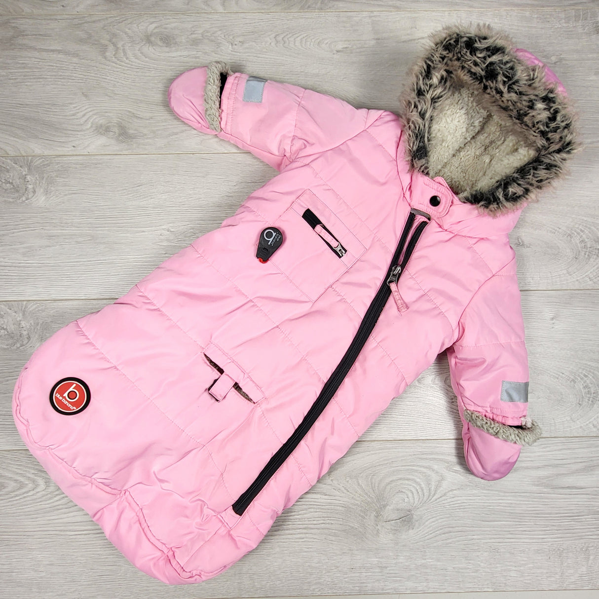 BHPP1 - Blue Banana pink hooded water resistant bunting bag with minky lining. Size 3-6 months
