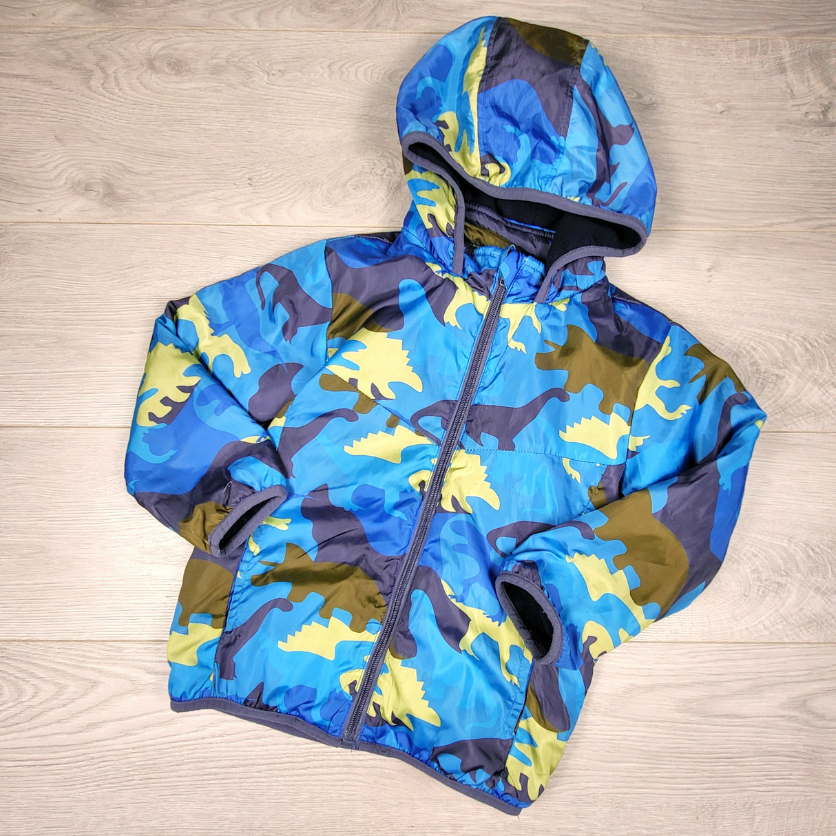 BHPP1 - Blue fleece lined midweight dinosaur jacket. Size 2/3T