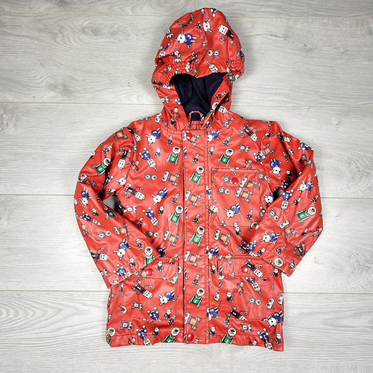 BHPP1 - Nevada red jersey lined rain coat with robots. Size 3T