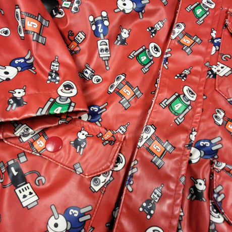 BHPP1 - Nevada red jersey lined rain coat with robots. Size 3T