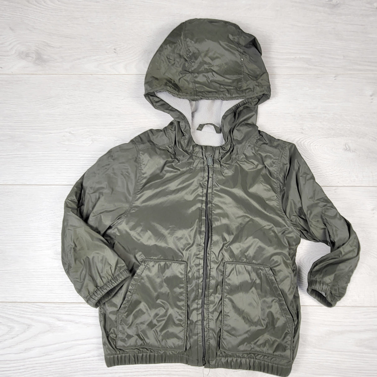 CHLL1 - Old Navy green fleece lined hooded lightweight jacket. Size 18-24 months