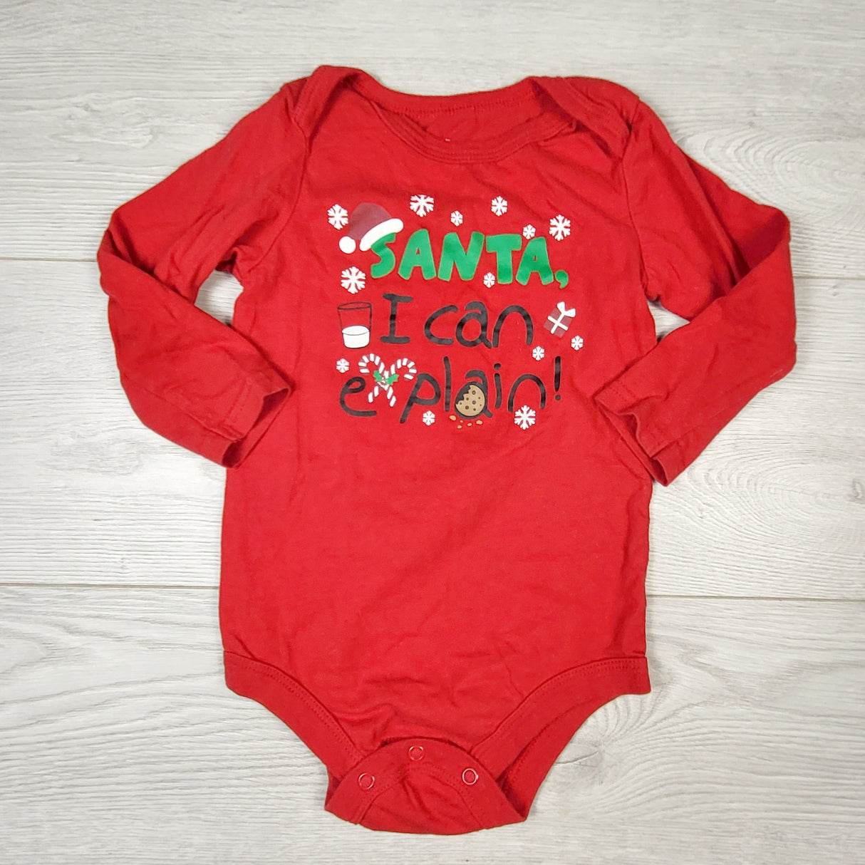 CHLL1 - George red "Santa, I Can Explain" bodysuit. Size 18-24 months