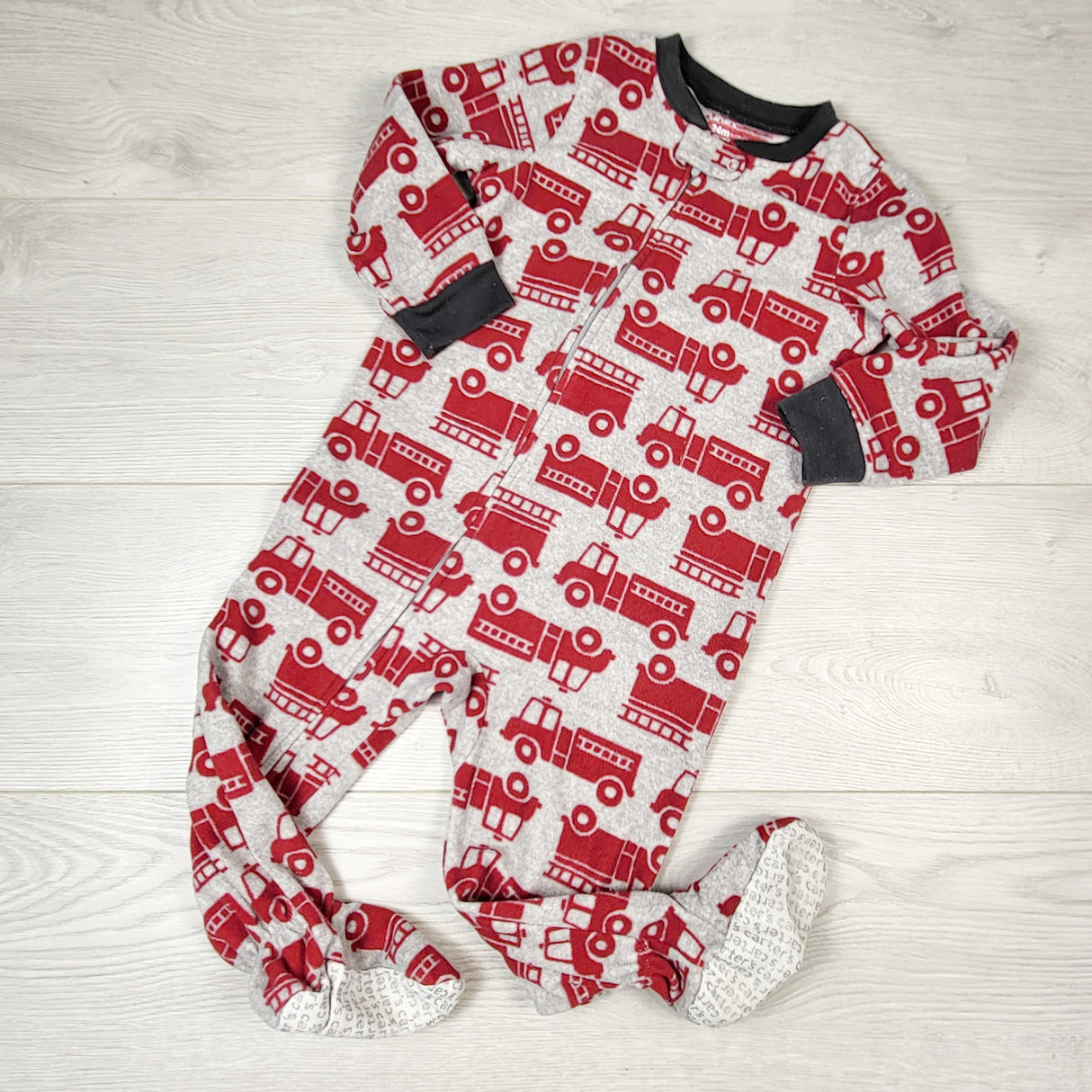CHLL1 - Carters grey zippered fleece sleeper with fire trucks. Size 24 months