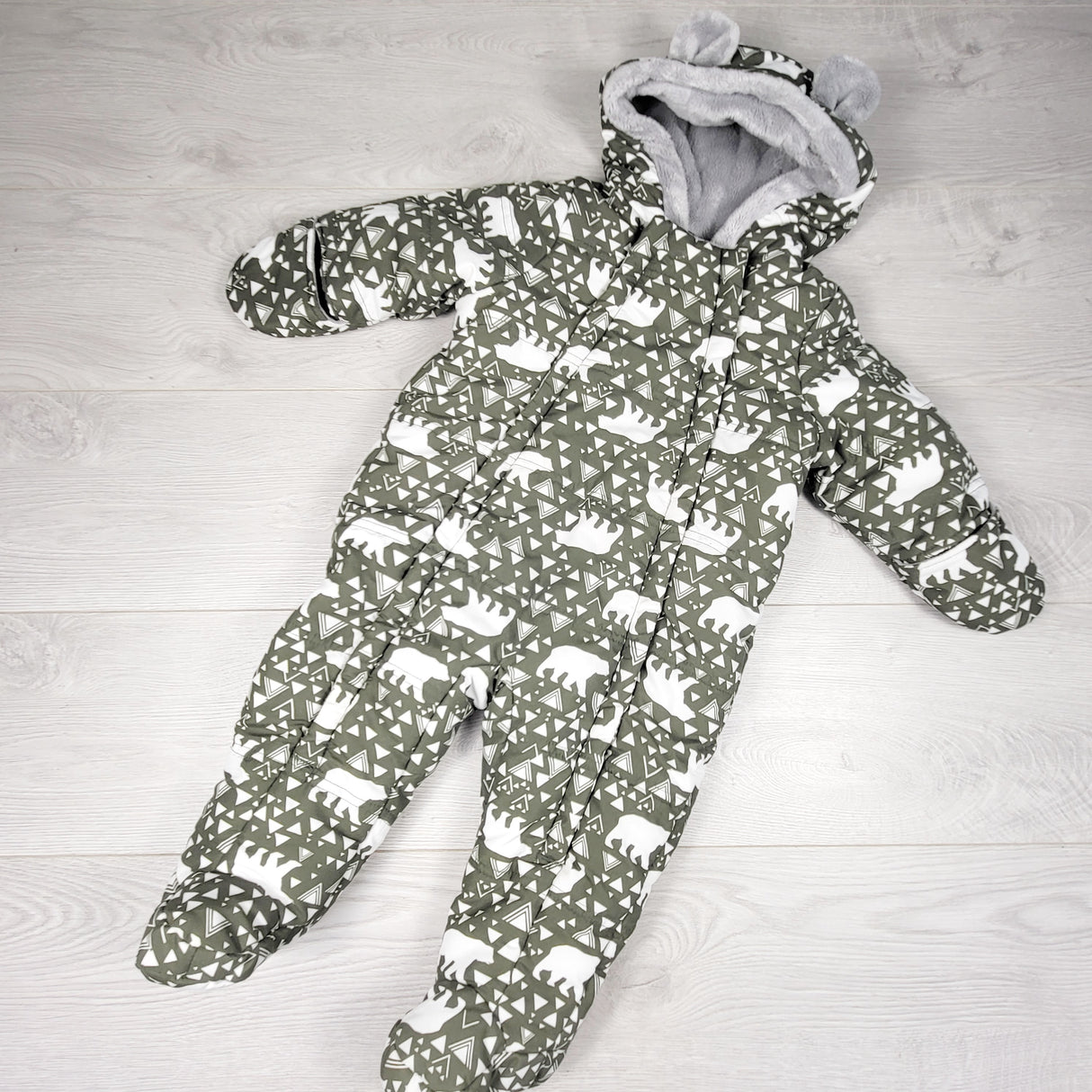 CHLL2 - George green fleece lined snow suit with bears. Size 6-12 months