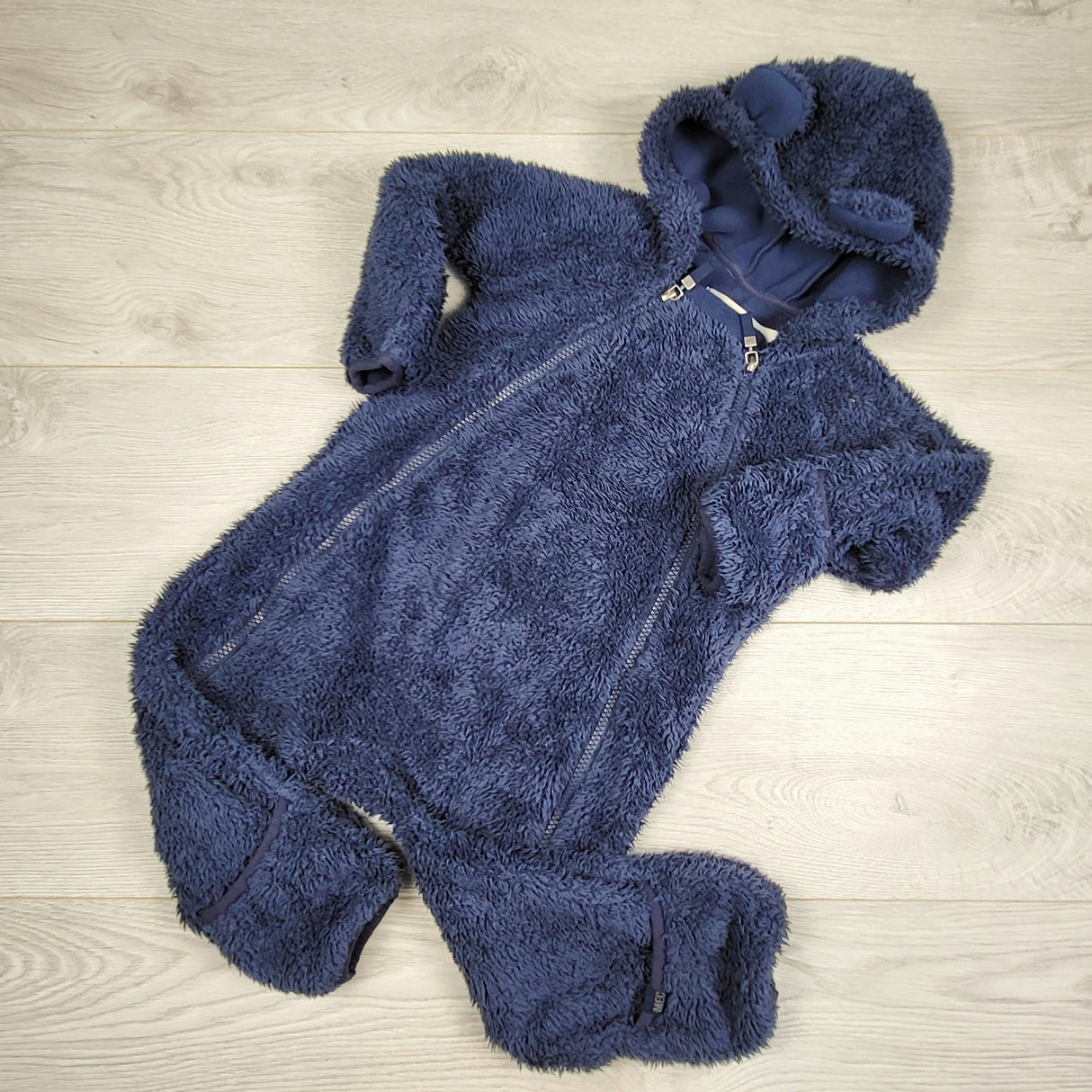 HWIL1 - MEC blue hooded fleece lined faux fur "Juniper" bunting suit. Size 12 months