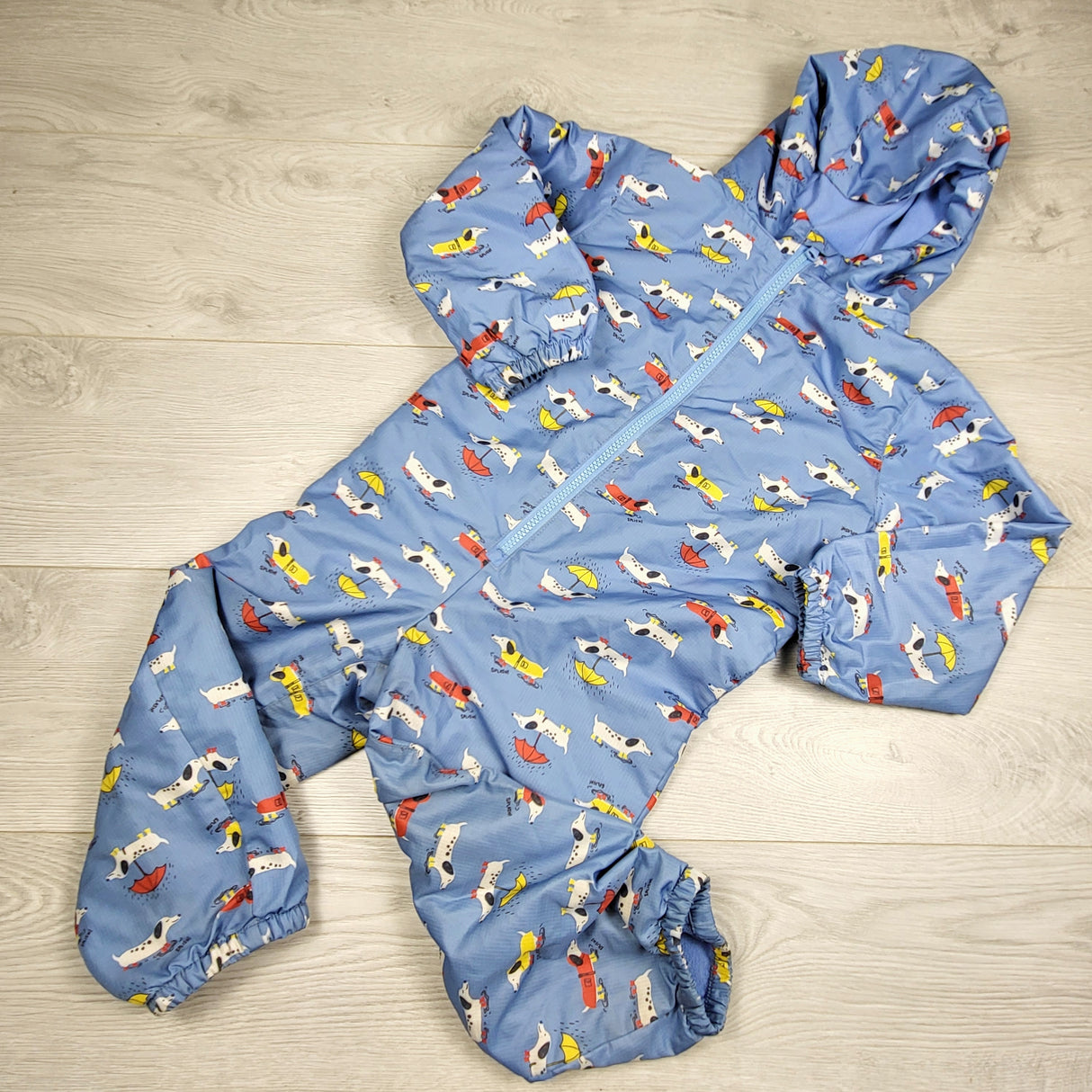 KARE1 - Joe blue fleece lined one piece rain suit with dogs. Size 4T