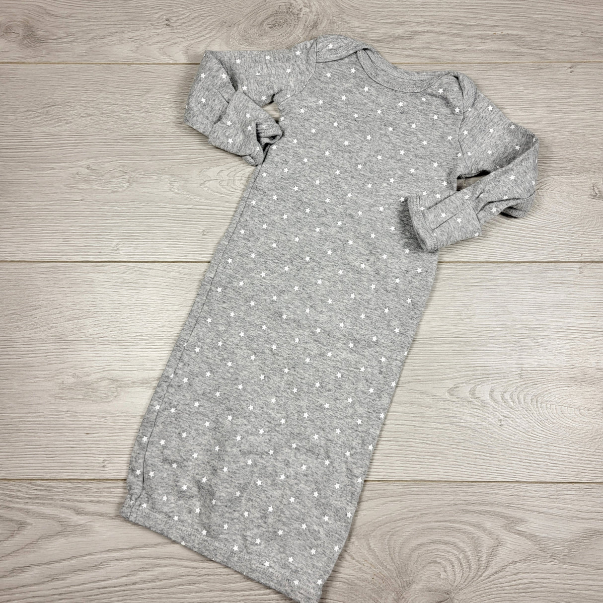KARE11 - Simple Joys grey cotton sleep gown with stars. Newborn size