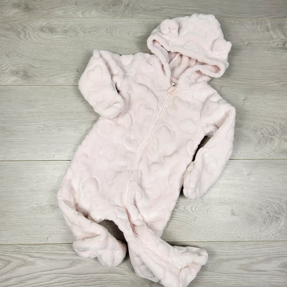 KHEN2 - George pale pink push bunting suit with hearts. Size 6-9 months