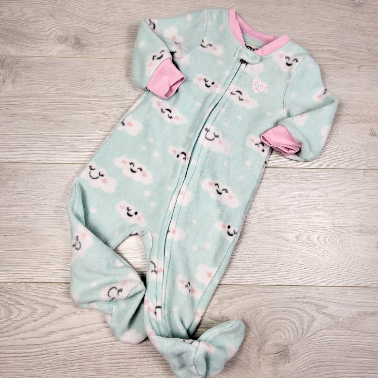 KHEN2 - Hurley mint coloured zippered fleece sleeper with clouds. Size 9 months