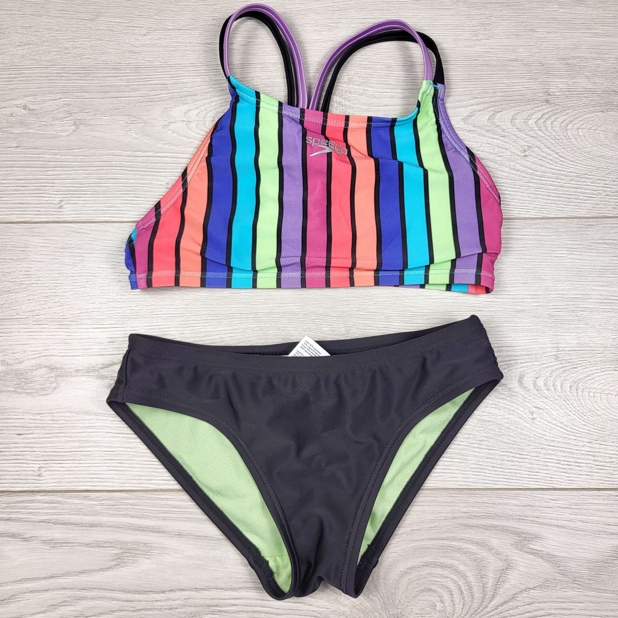LMAC1 - Speedo black striped 2pc swimsuit. Size 7