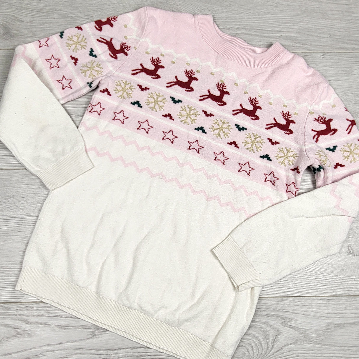 BNG1 - Andy and Evan pink and white reindeer sweater. Size 7