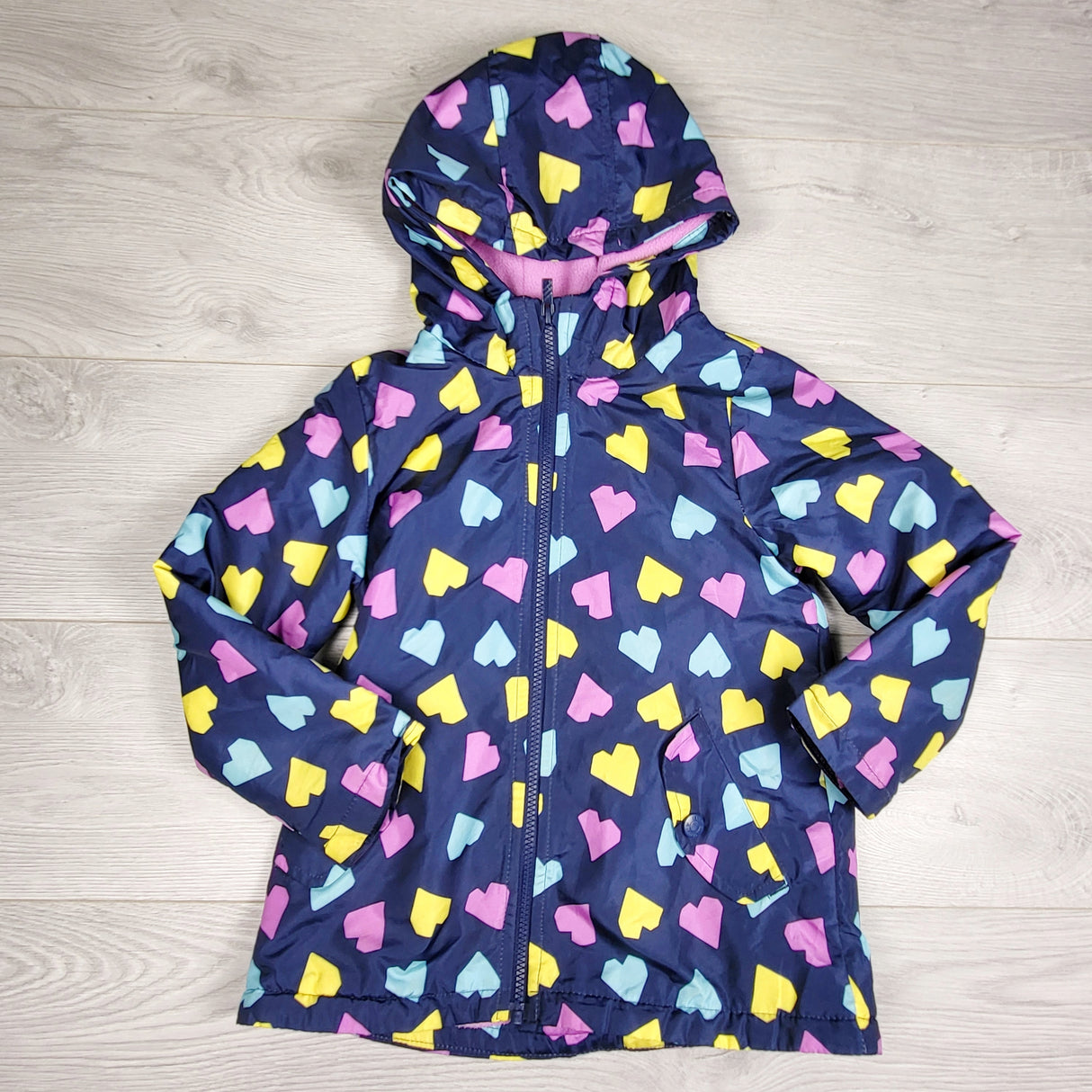 BNG1 - Carters navy fleece lined hooded rain coat with hearts. Size 5T